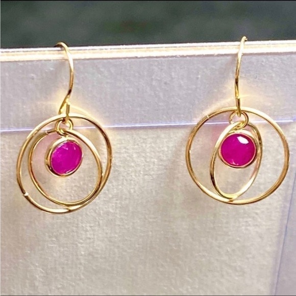 10k Yellow Gold 2 Carat Ruby Orbiting Dangle Saturn Spinning Drop Earrings - Picture 2 of 12